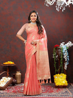 Thumbnail for Lorenvalley Fashion Peach Cotton Woven Design with Zari Weaving Design Saree - Distacart