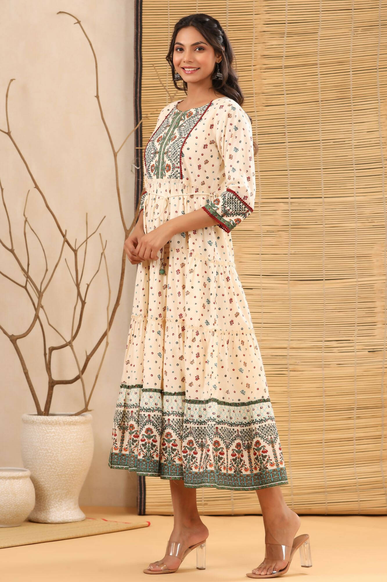 Juniper Women Ivory Cambric Printed Tiered Dress - Distacart