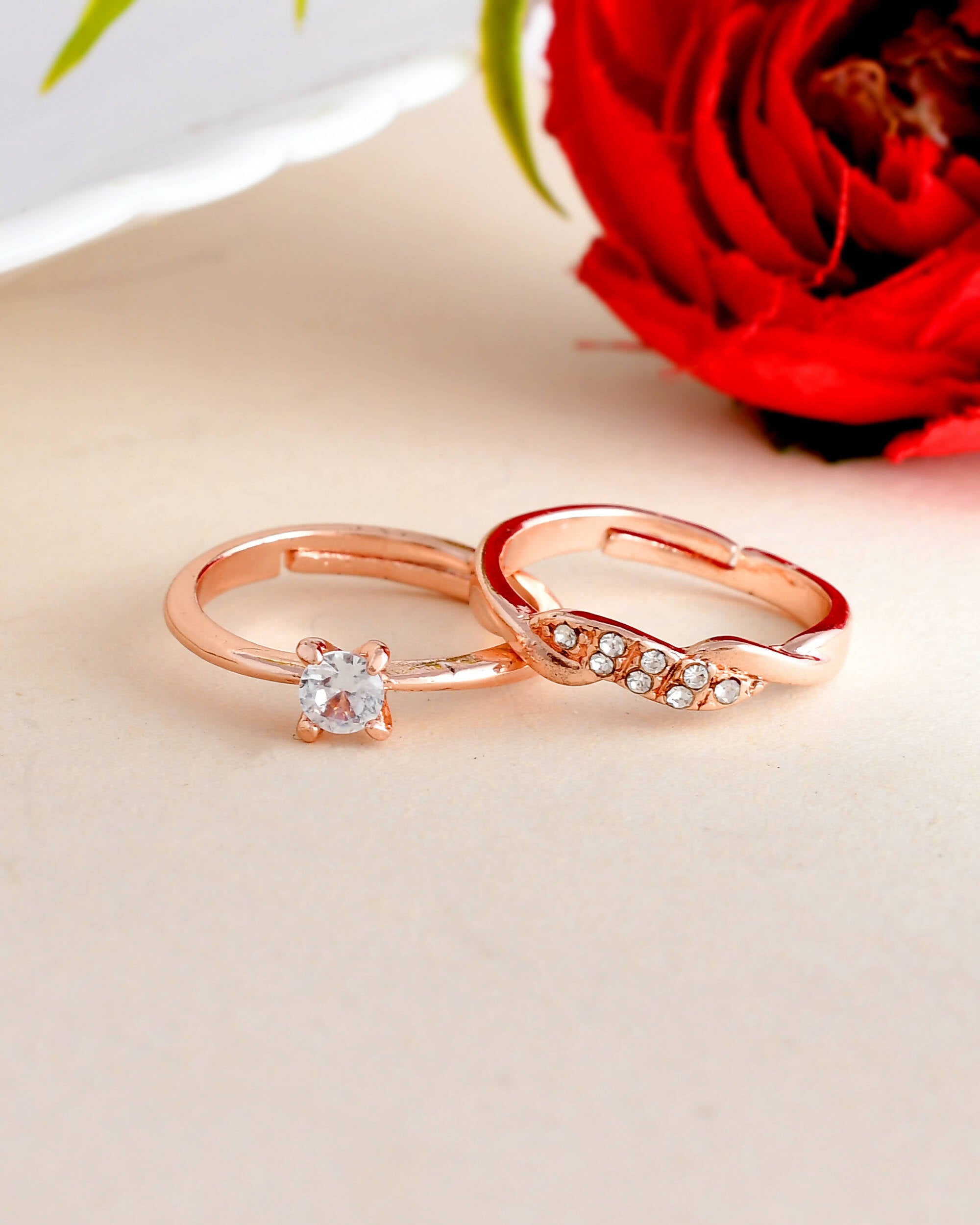 VOJ Stainless Steel Cubic Zirconia Rose Gold Plated Adjustable Ring Set for Couple - Distacart