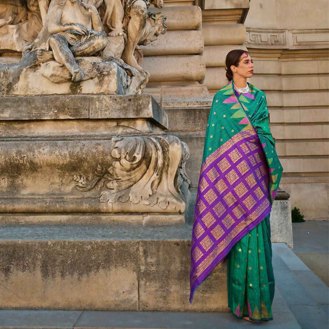 Teal Green Handloom Khaddi Silk Saree With Contrast Pallu & Blouse - Rajtex Khwaab Silk - Distacart
