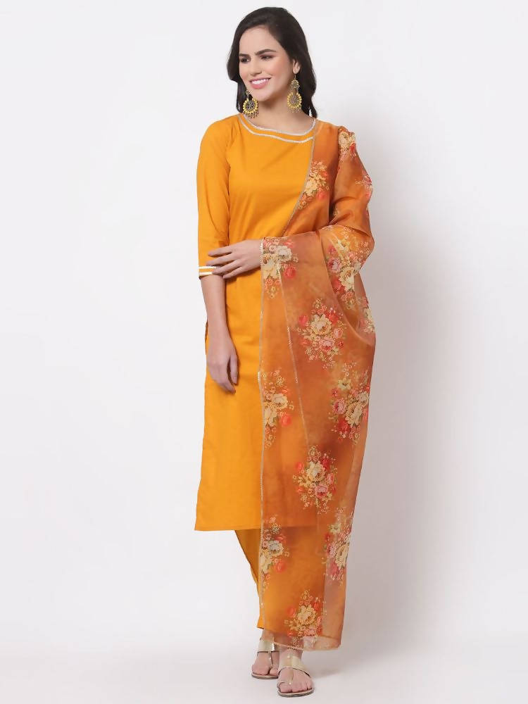 Myshka Trendy Women's Cotton 3/4 Sleeve Round Neck Casual Kurta Pant Dupatta Set