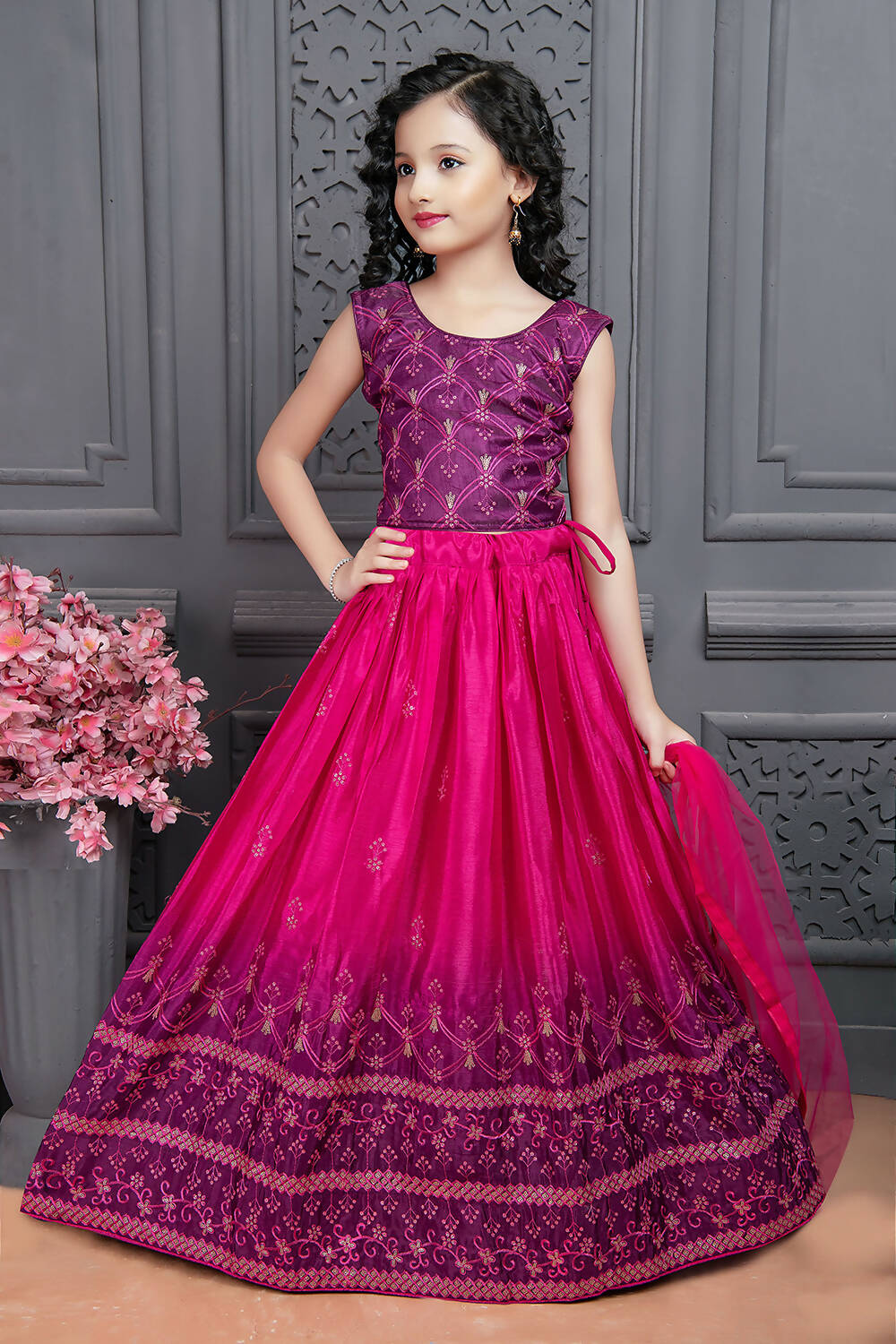 Kids Wedding Designer Pink Soft Chinon Silk Lehenga Choli - Aaradhna - Distacart