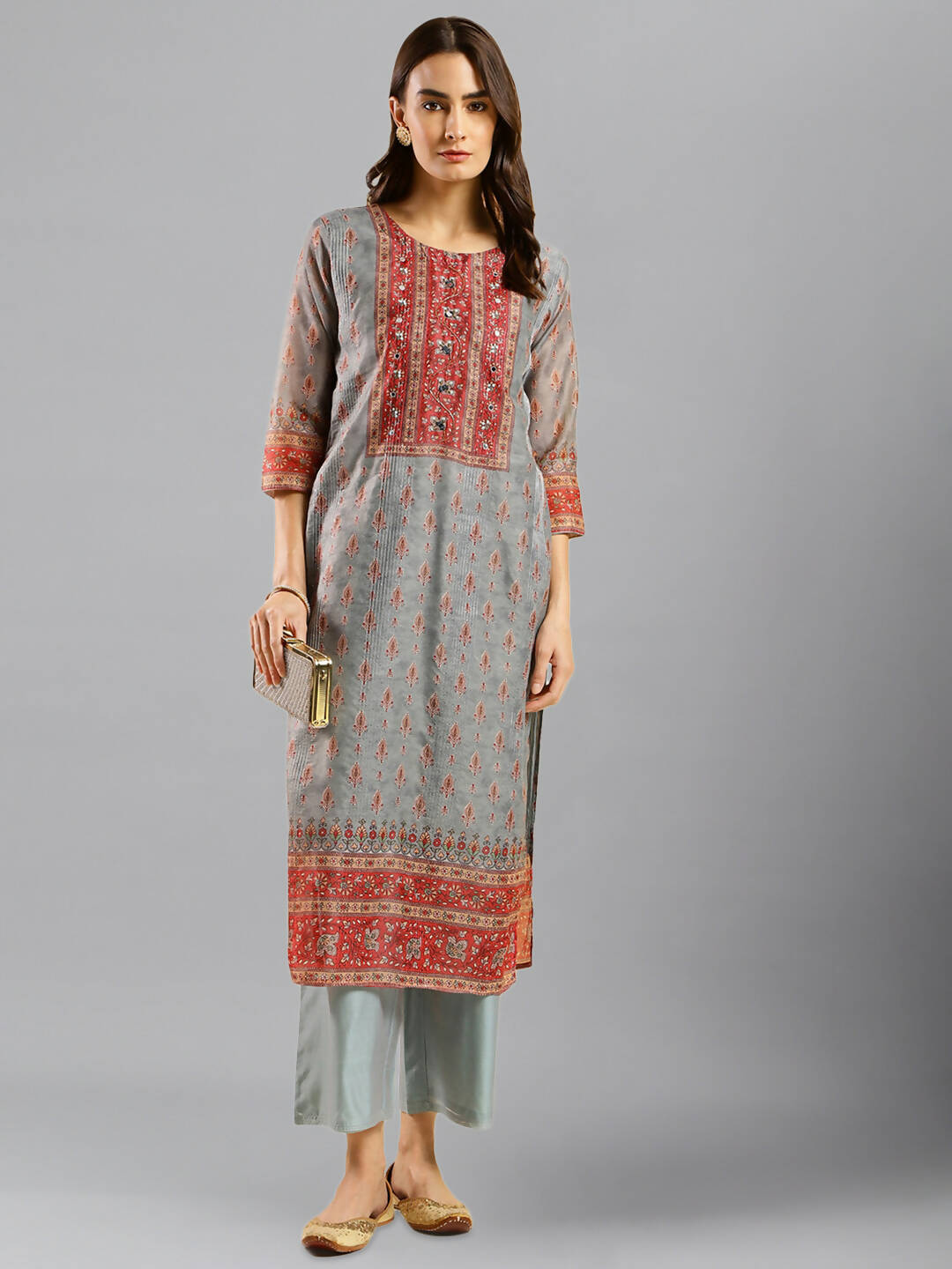 Grey Chinon Digital Printed With Hand Work Kurta - Himanshi - Distacart