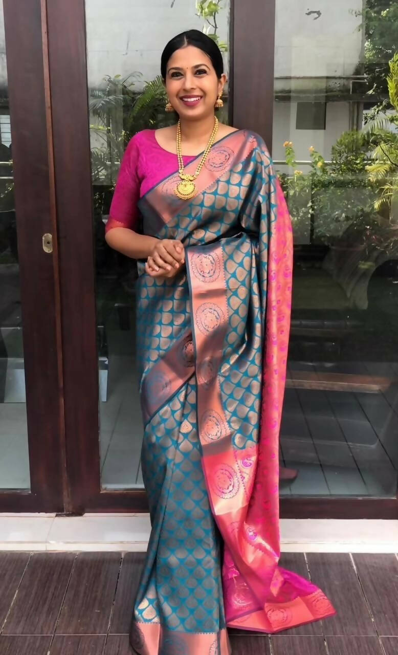 DEIANA'S Beautiful Golden Jari with New Design Soft Lichi Silk Saree - Blue - Distacart