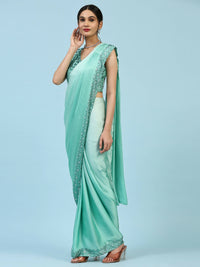 Thumbnail for Sea Green Ombre Satin Georgette Plain Ready to wear Saree with stitched Blouse - Vrinda - Distacart
