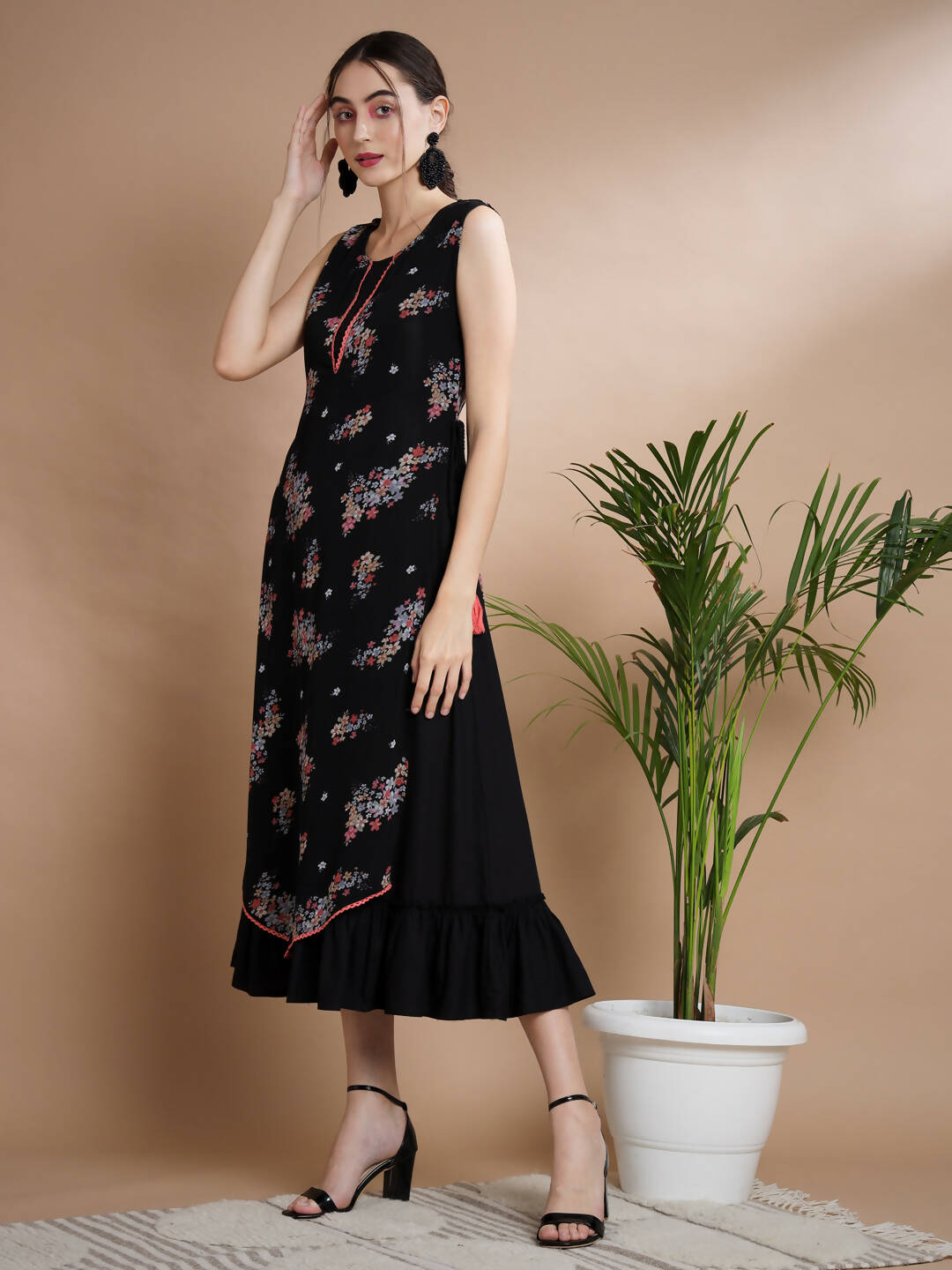 Myshka Women's Black Floral Printed Gown Dress - Distacart