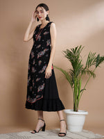 Thumbnail for Myshka Women's Black Floral Printed Gown Dress - Distacart