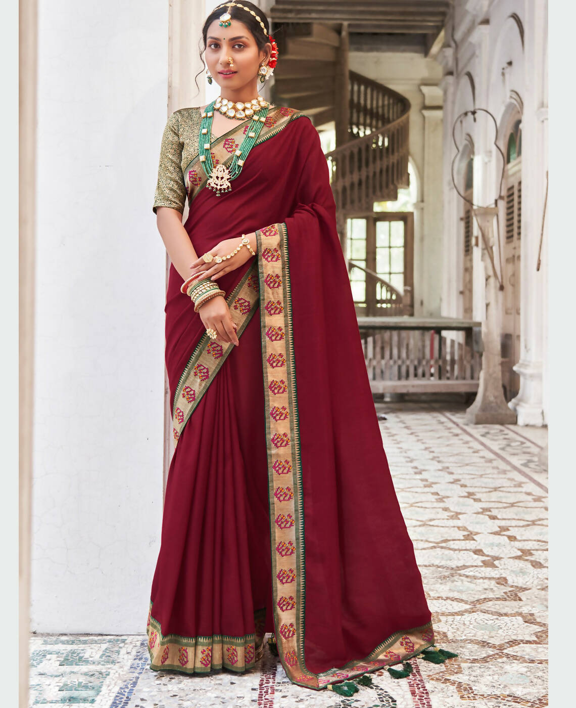Maroon Vichitra Solid Saree With Unstitched Blouse Piece - Juhi - Distacart