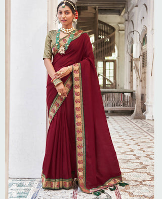 Maroon Vichitra Solid Saree With Unstitched Blouse Piece - Juhi - Distacart