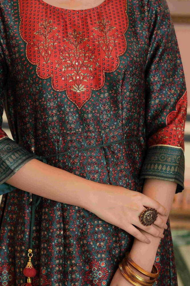 Juniper Green Satin Festive Printed Anarkali Flared Anarkali Kurta For Women - Distacart