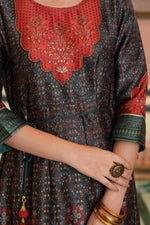 Thumbnail for Juniper Green Satin Festive Printed Anarkali Flared Anarkali Kurta For Women - Distacart