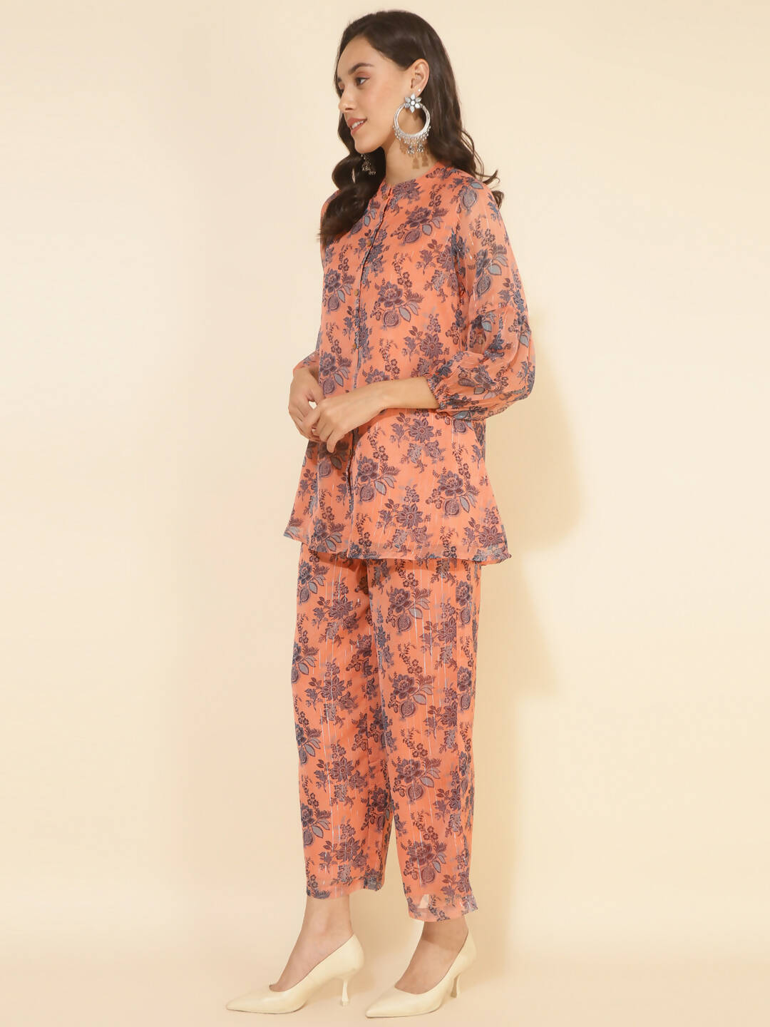 Janasya Women's Peach Chiffon Lurex Floral Printed Festive Regular Co-ords - Distacart