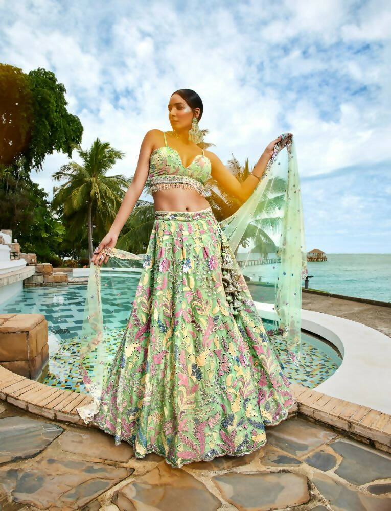 House of Panchhi Lime Green Organza Sequins And Mirror Embroidery Lehenga Choli & Dupatta - Distacart
