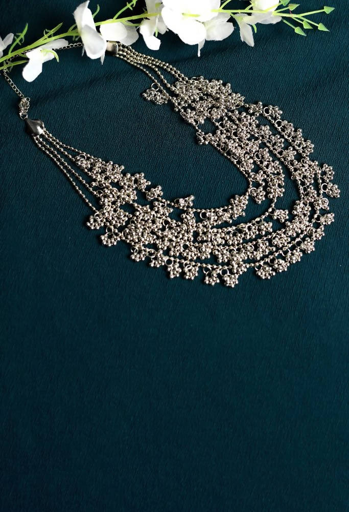 Tehzeeb Creations Silver Colour Oxidised Necklace Ghunghru Studded And Earrings