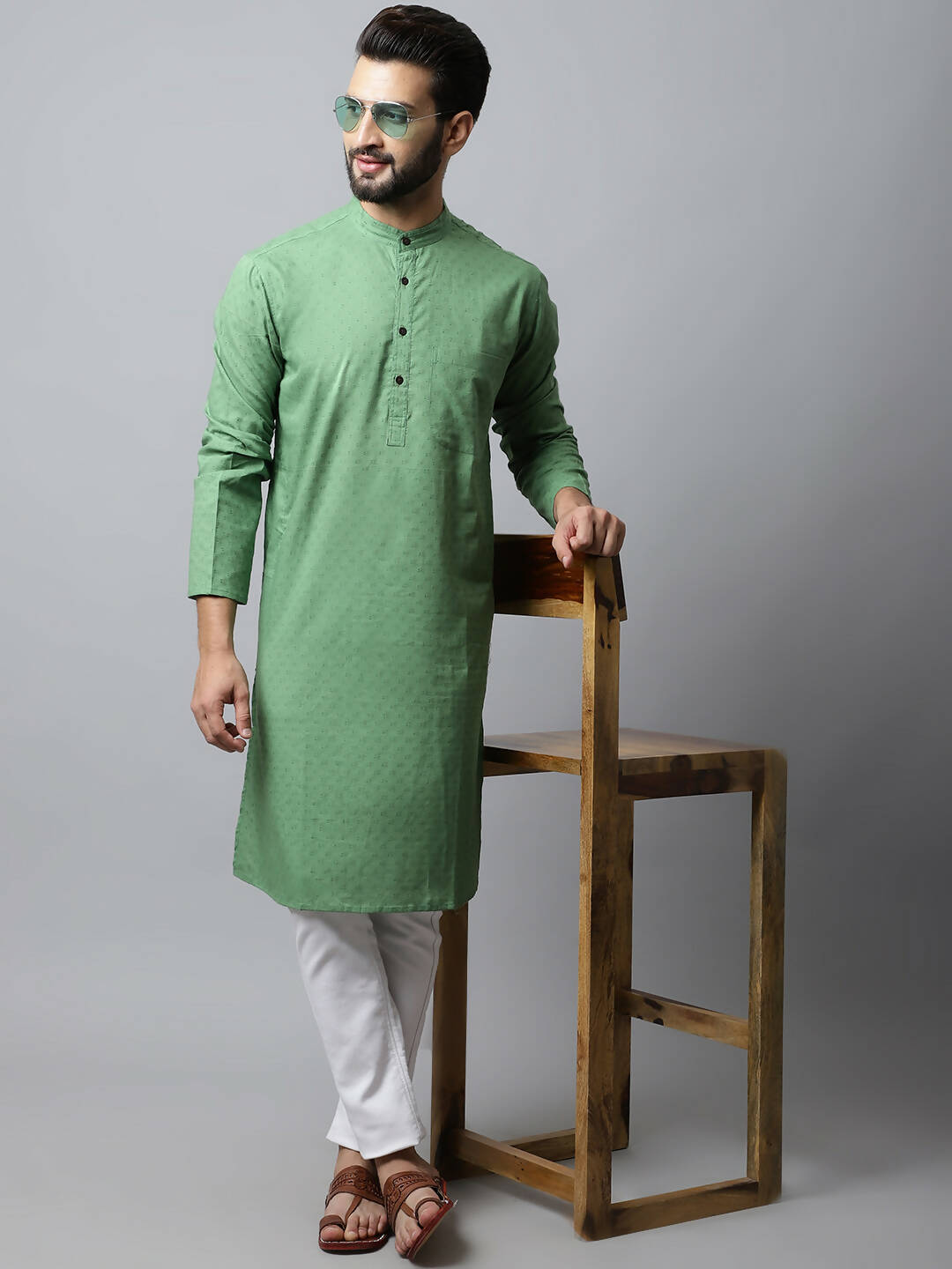 Even Apparels Green Color Pure Cotton Men's Kurta With Band Collar (SLD073) - Distacart