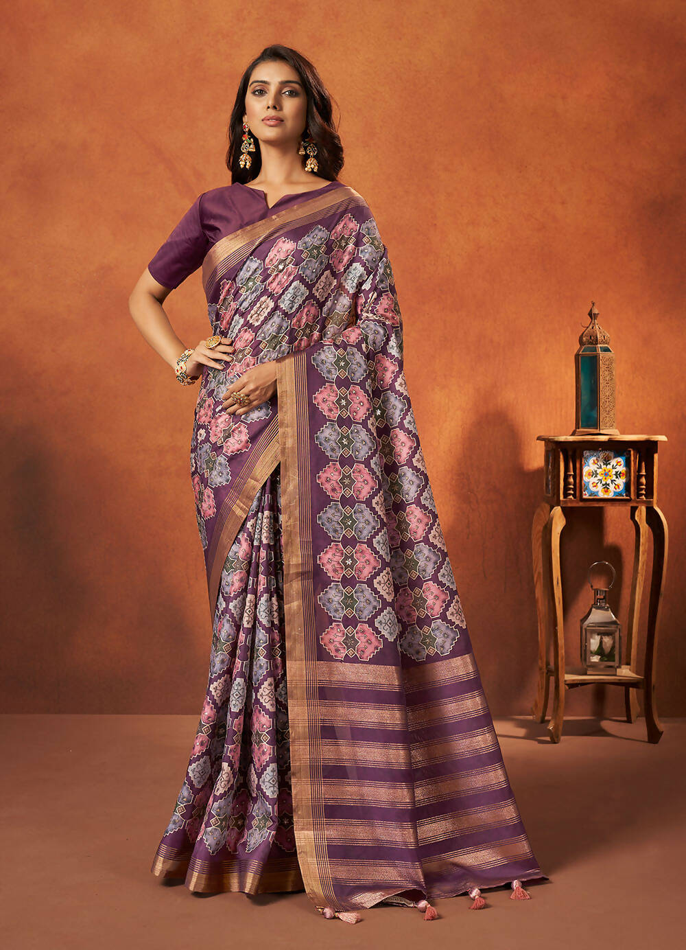 Purple Rangkat and Crepe Silk Aztec Saree With Unstitched Blouse Piece - Mohmanthan Royal Saachi - Distacart