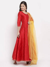 Thumbnail for Myshka Women's Red Silk Solid 3/4 Sleeve Round Neck Casual Anarkali Kurta Dupatta Set