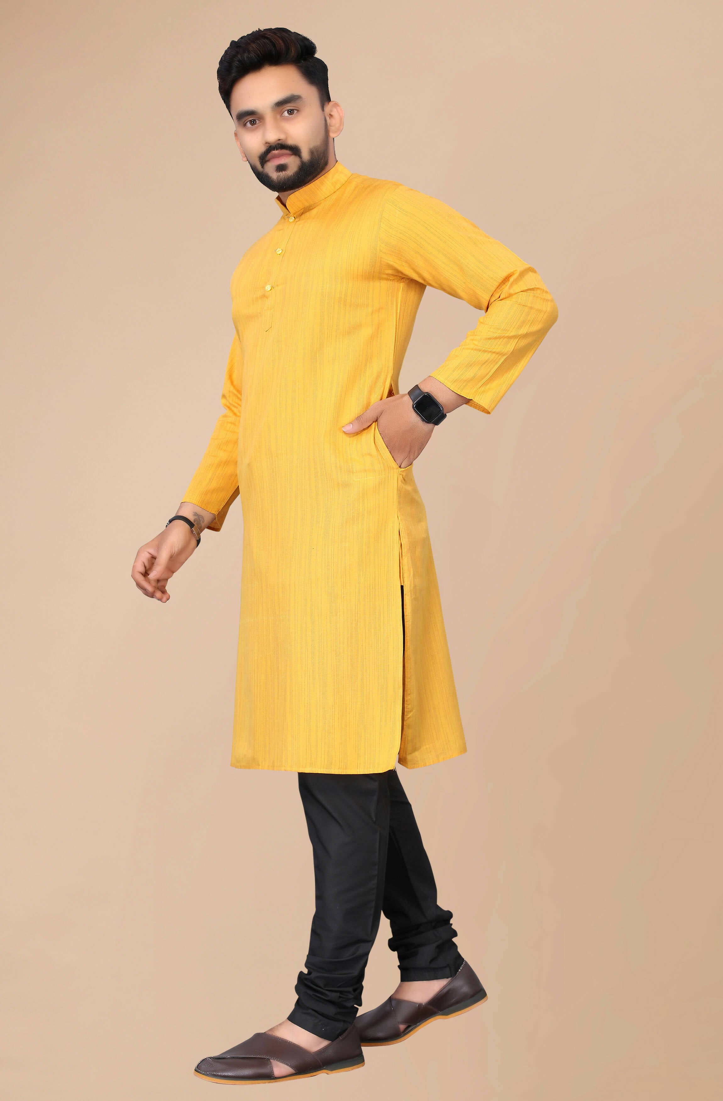 Men's Mustard Striped Cotton Kurta - Mahotsav - Distacart