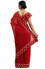 Thumbnail for Janasya Women's Red Poly Georgette Printed Saree With Blouse Piece