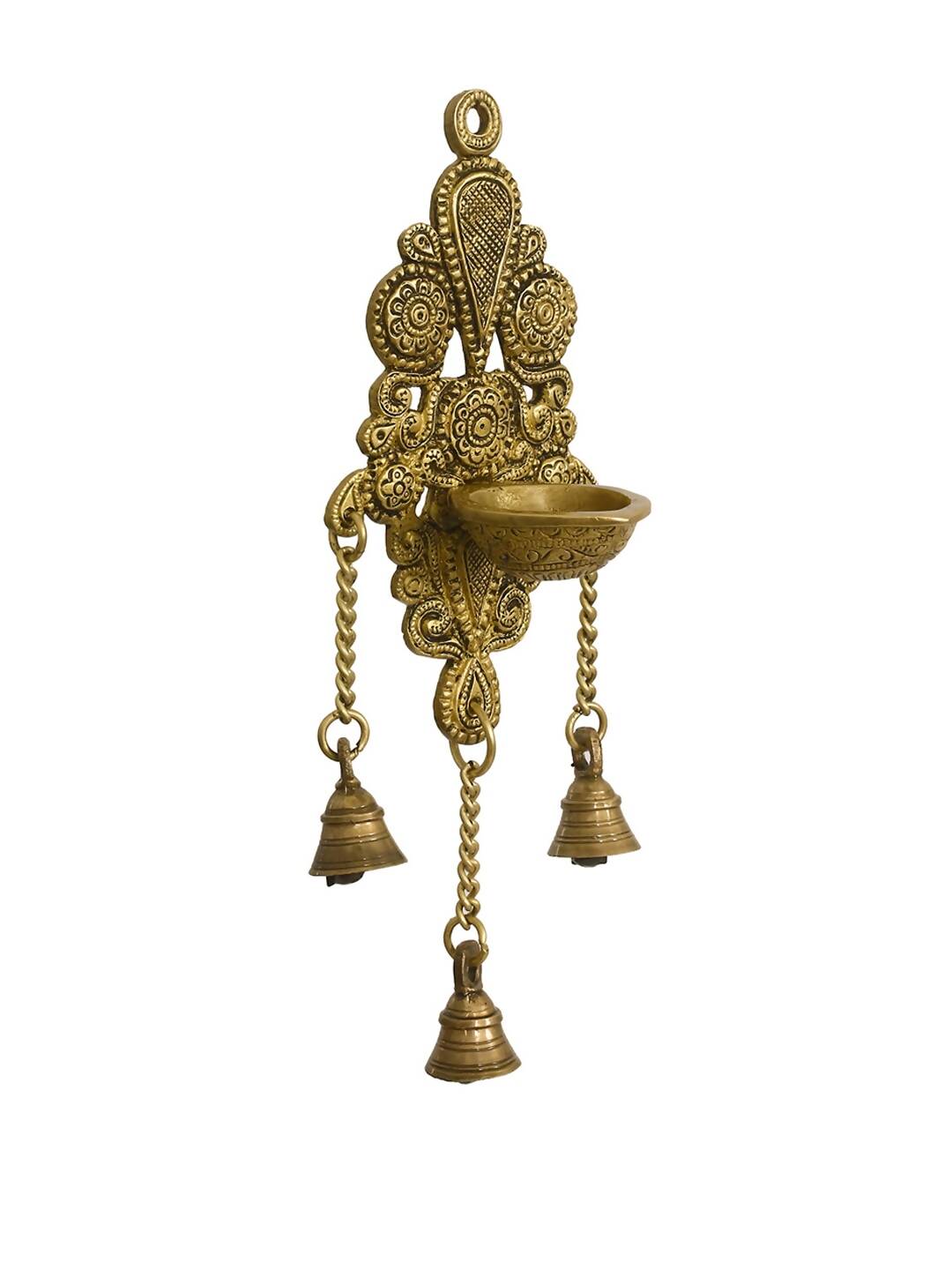 eCraftIndia Gold-Toned Handcrafted Antique Finish Diya with Bells Decorative Wall Hanging Showpiece - Distacart