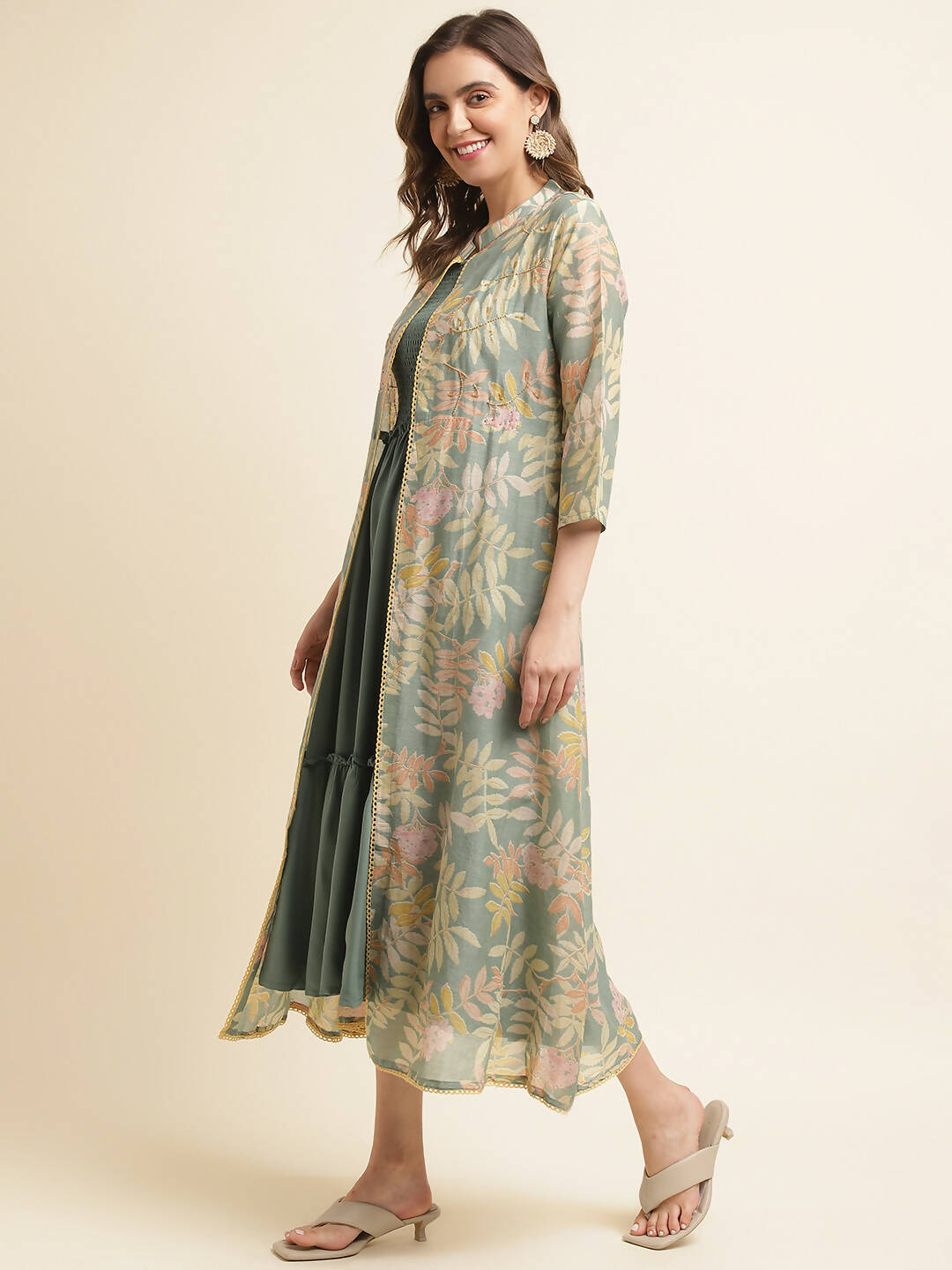 Green Cotton Solid Flared Dress with Printed Shrug - Yukti - Distacart