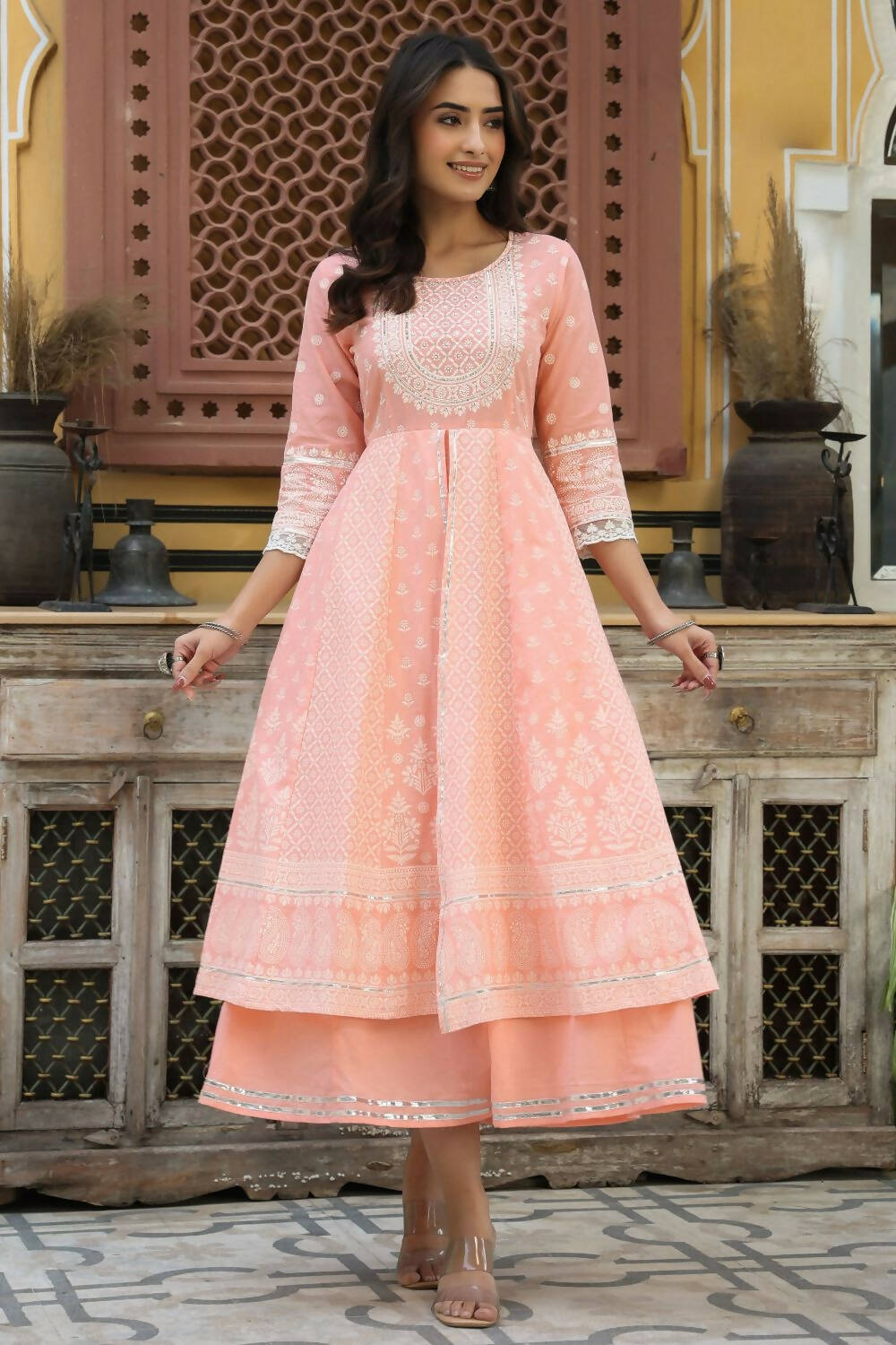 Juniper Women's Peach Cambric Printed Flared Dress - Distacart