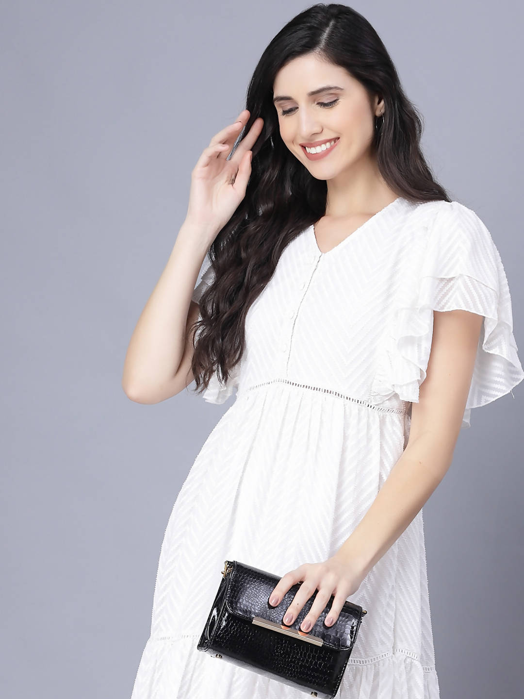 Myshka Georgette Solid Short Sleeve V Neck White Women Dress - Distacart