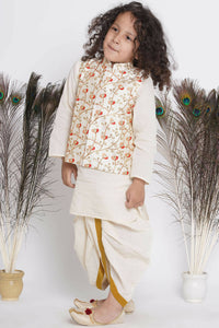 Thumbnail for Little Bansi Banarsi Red Tulip Embroidery Jacket With Cotton Kantha kurta And Kantha Dhoti - Cream - Distacart