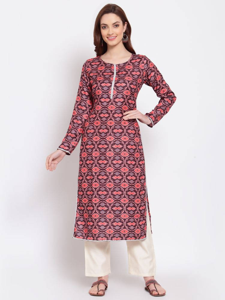 Myshka Women's Multi Printed Pashmeena Full Sleeve Round Neck Casual Winter Kurta