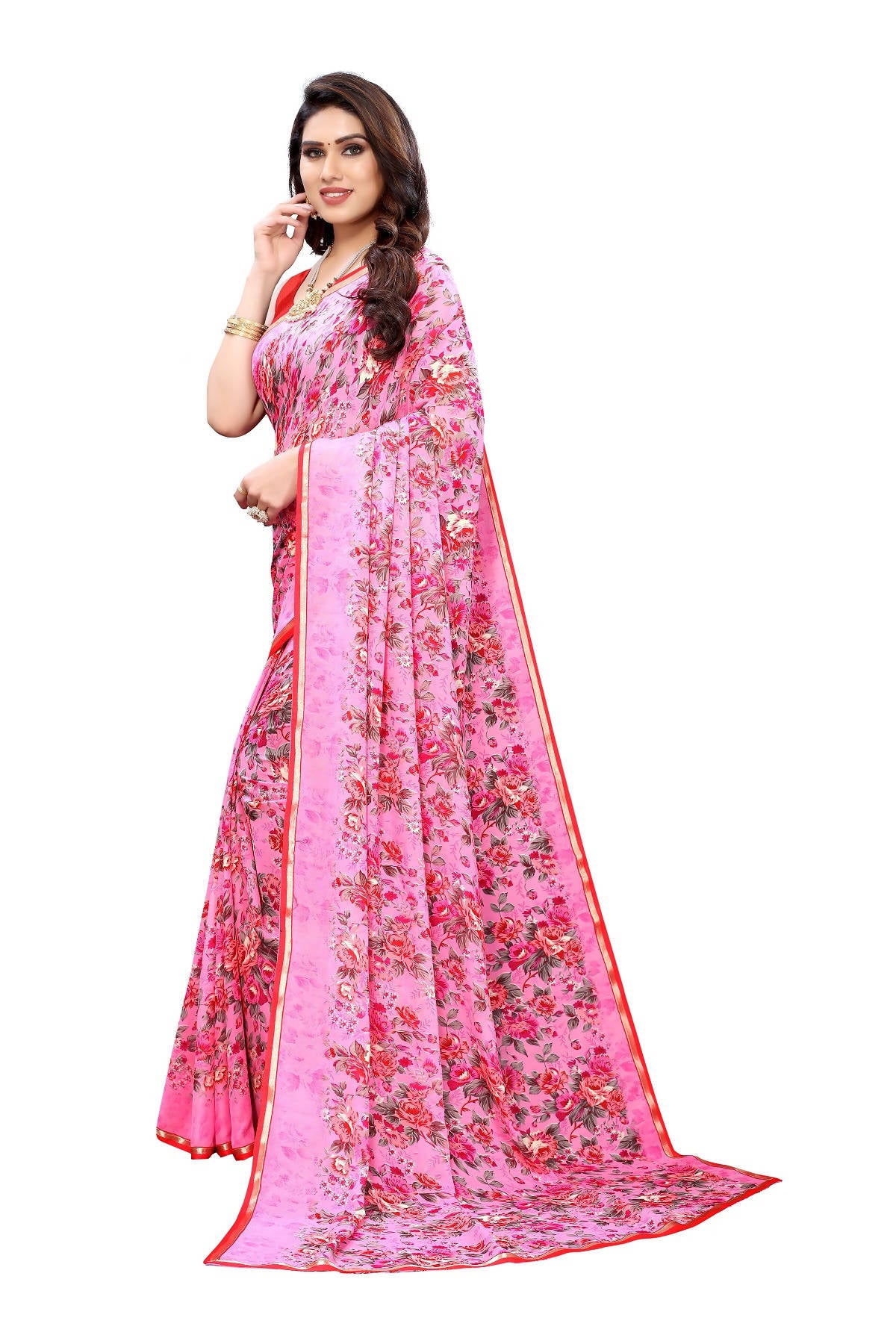 Vamika Ethnic Fire Pink Printed With Lace Saree - Distacart