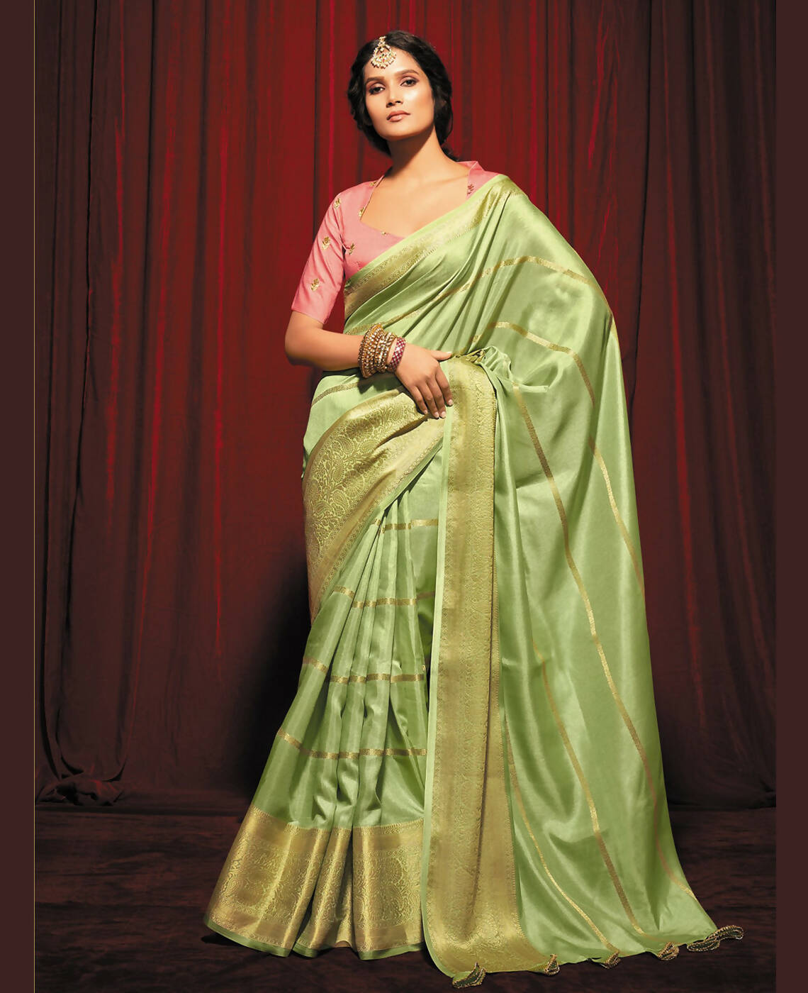 Green Silk Striped Pattren Saree With Unstitched Blouse Piece - Zyanya - Distacart