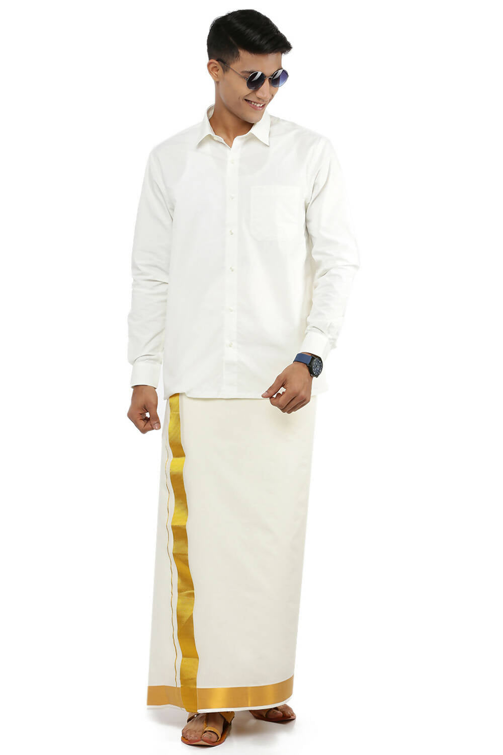 Ramraj Cotton Mens Cotton 1 1/2 " Gold Jari Dhoti - Kora - Distacart