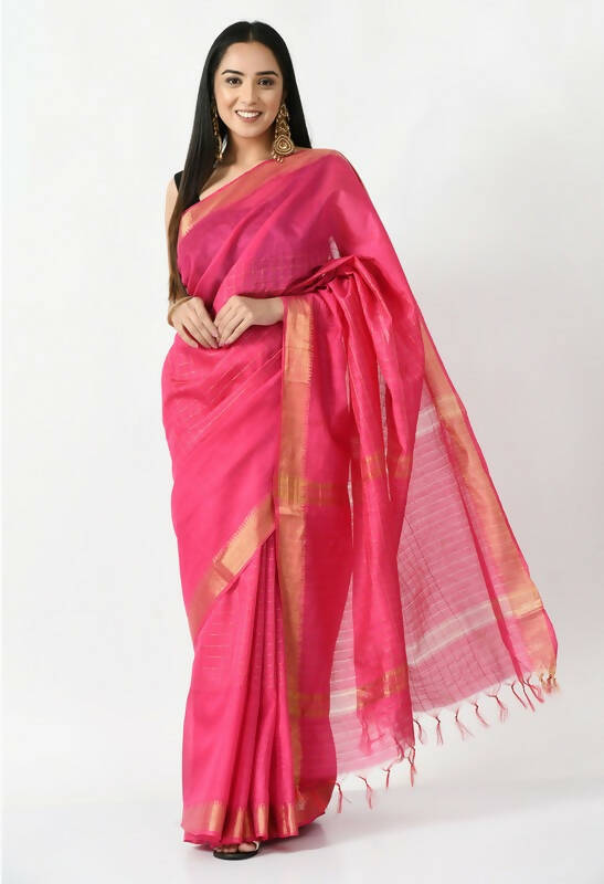 Mominos Fashion Moeza Pink Bhagalpuri Handloom Silk Raj Shree Saree with unstitched Blouse piece - Distacart