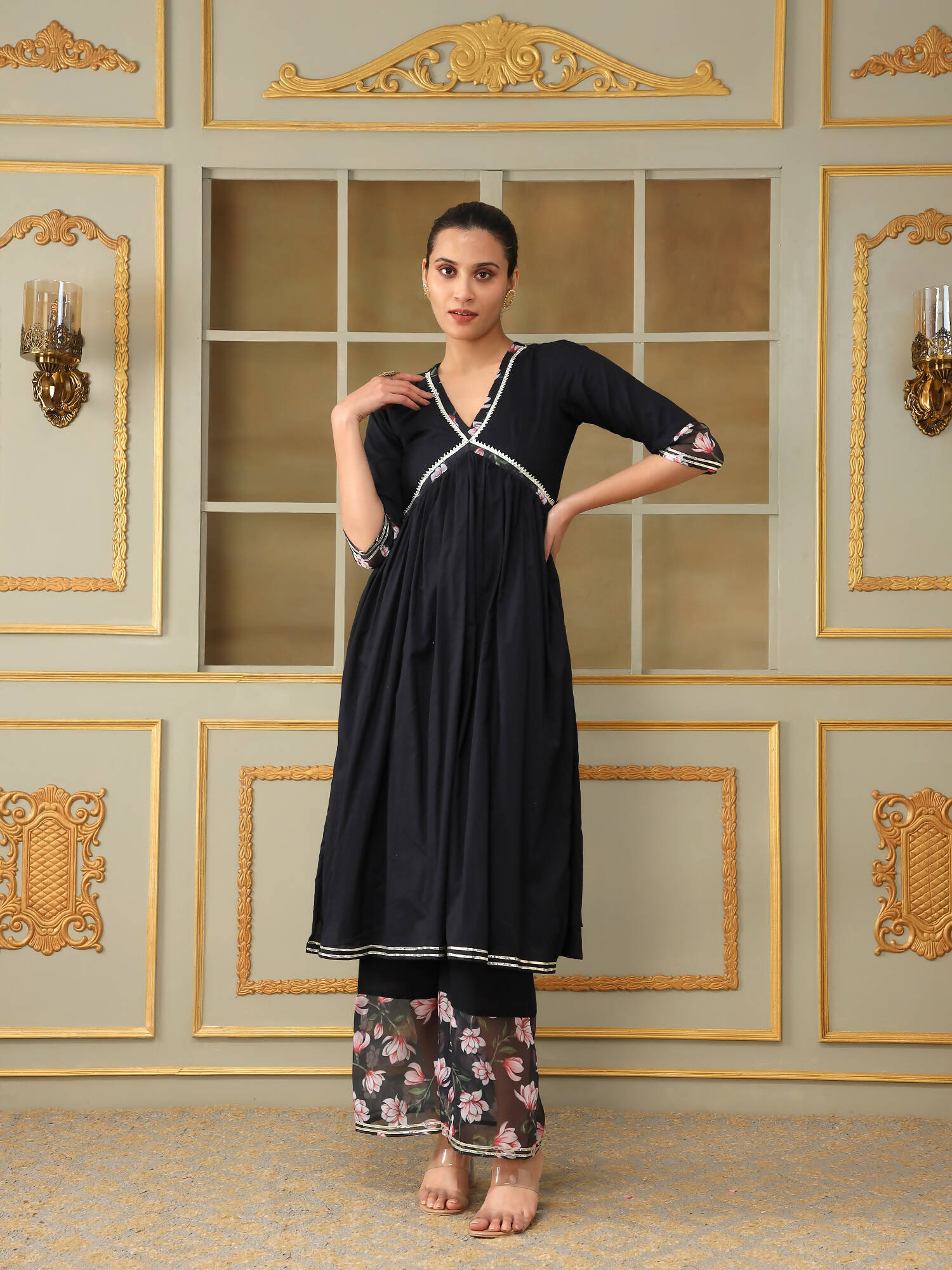 Pomcha Jaipur Black Saadgi Pink Lotus Black Straight Suit Set - Distacart