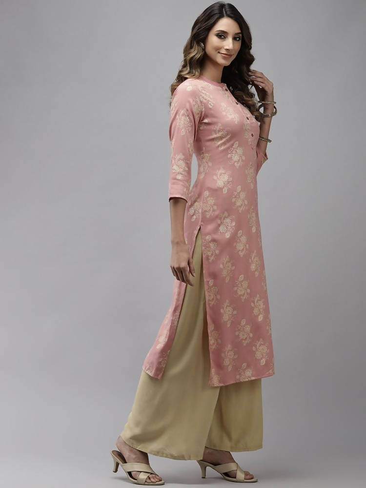 Yufta Women Pink Floral Printed Pastels Cotton Kurta