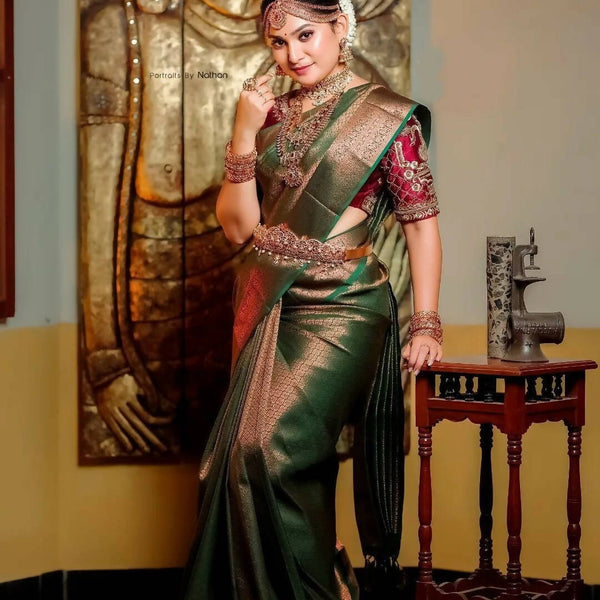 DEIANA'S Beautiful Golden Jari with New Design Soft Lichi Silk Saree - Green - Distacart
