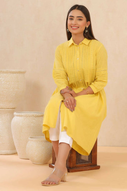 Juniper Womens Blush Yellow Cotton Slub Solid Mid Length Shirt Dress With Lace Detailing - Distacart