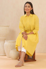 Thumbnail for Juniper Womens Blush Yellow Cotton Slub Solid Mid Length Shirt Dress With Lace Detailing - Distacart