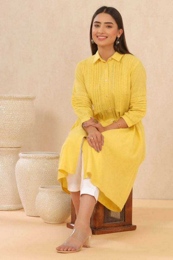 Juniper Womens Blush Yellow Cotton Slub Solid Mid Length Shirt Dress With Lace Detailing - Distacart