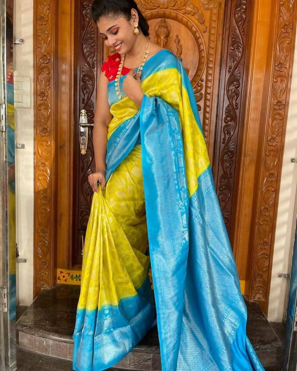 DEIANA'S Beautiful Golden Jari with New Design Soft Lichi Silk Saree - Yellow - Distacart
