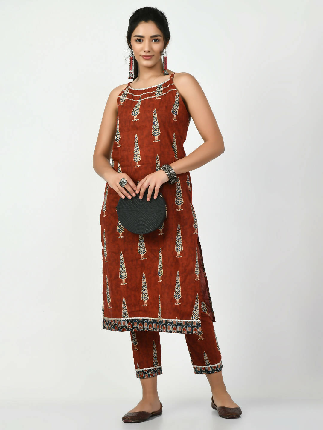 Myshka Women's Rust Printed Kurta With Trouser - Distacart