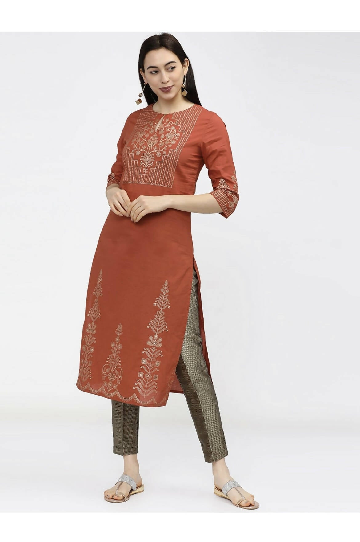 Cheera Embellished Daily Wear Cotton Blend Kurta - Brown - Distacart