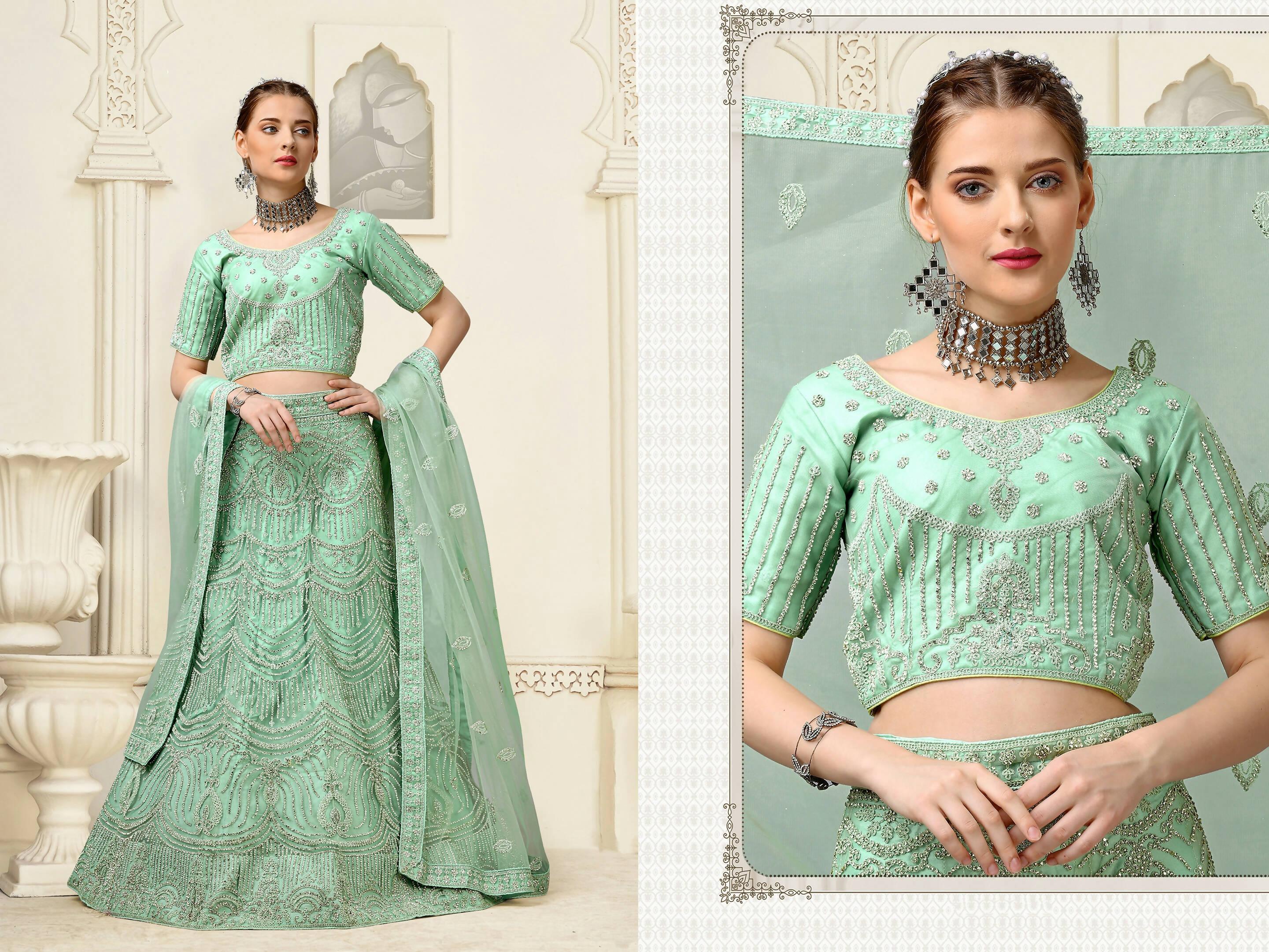 Light Green Net Fancy Zari Embroidered work Lehenga Choli with Dupatta - Heer - Distacart