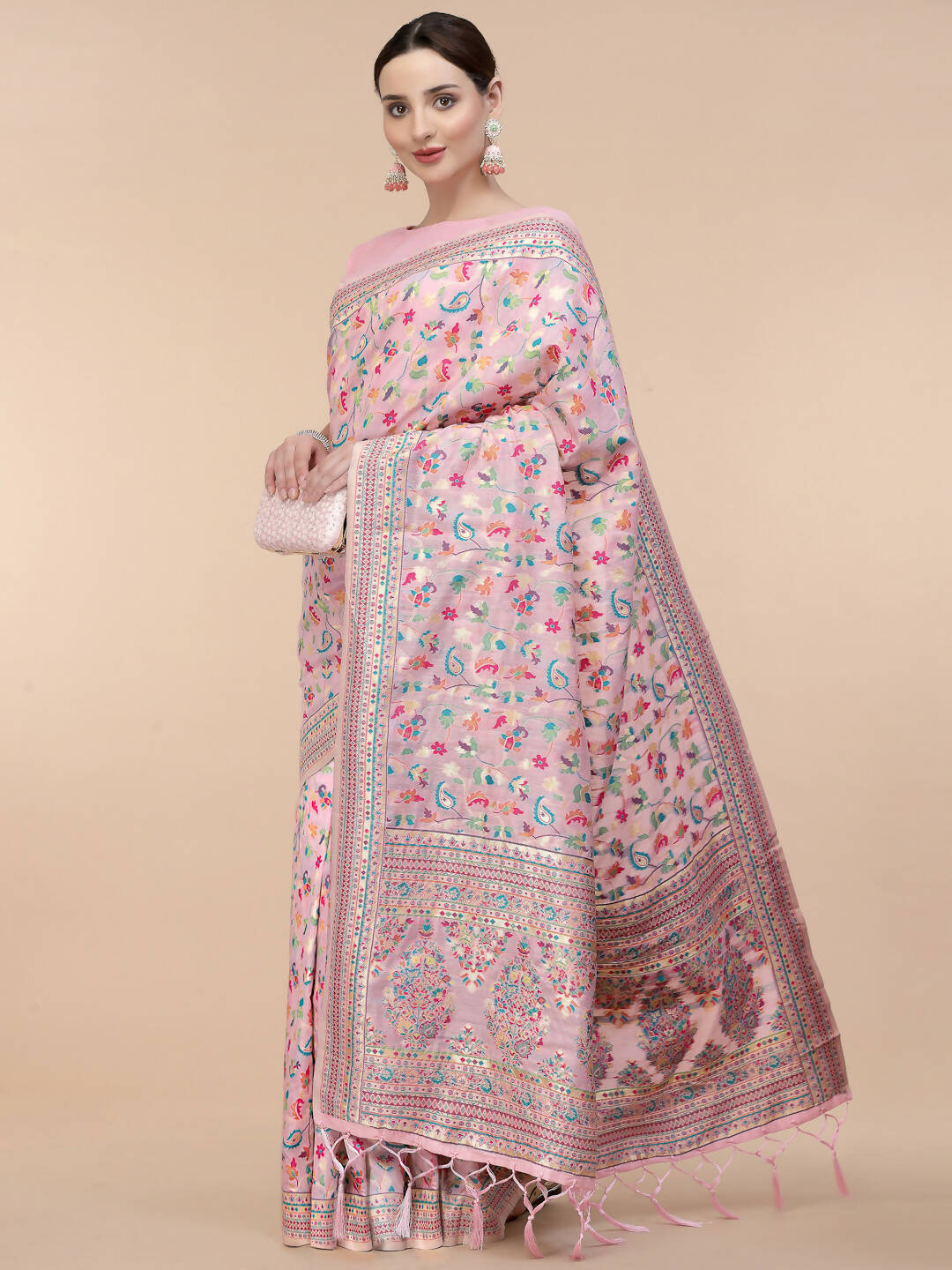 Light Pink Silk Blend Woven Design Saree With Unstitched Blouse Piece - Aloki - Distacart