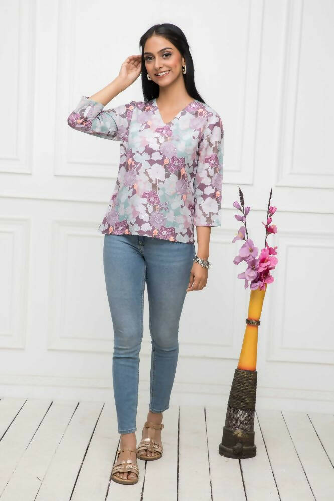 Myshka Women Multi-Floral V-Neck Regular Sleeves Viscose Rayon Top - Distacart