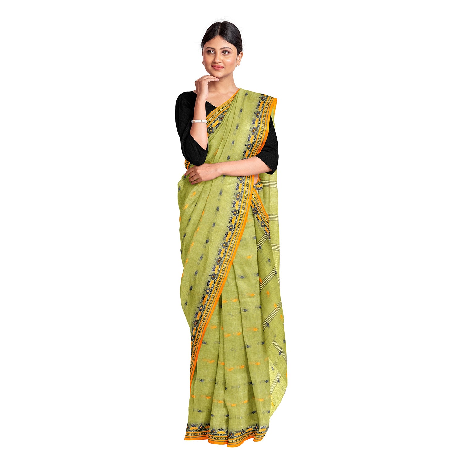 Exclusive Collection 100% Pure Cotton Light Green Tant Saree With Hand Weaving Work - Distacart