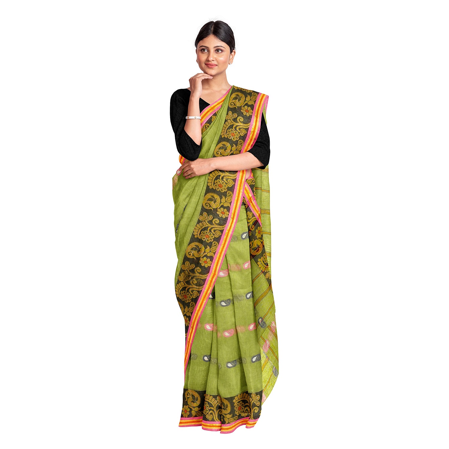 Exclusive Collection 100% Pure Cotton Light Green Tant Saree With Hand Weaving Work - Distacart