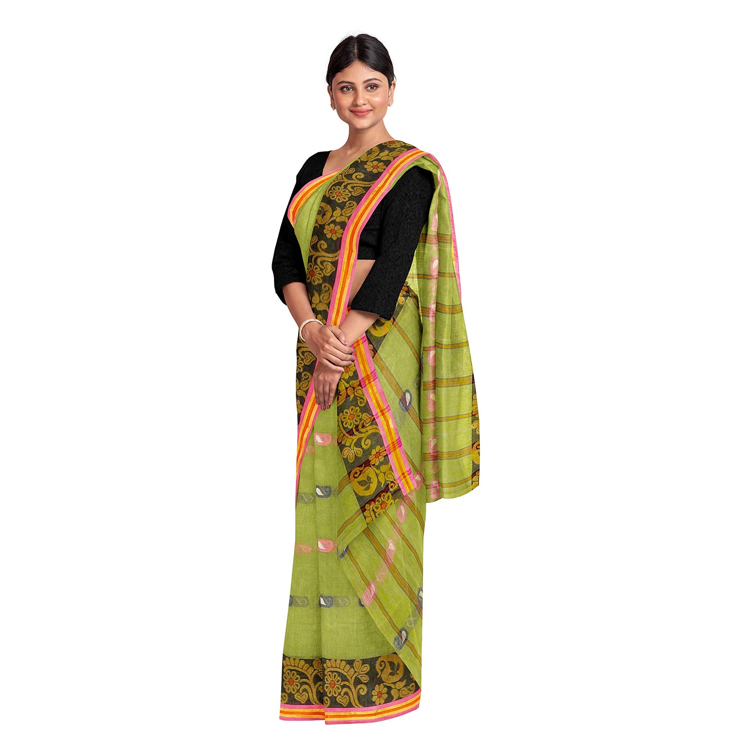 Exclusive Collection 100% Pure Cotton Light Green Tant Saree With Hand Weaving Work - Distacart
