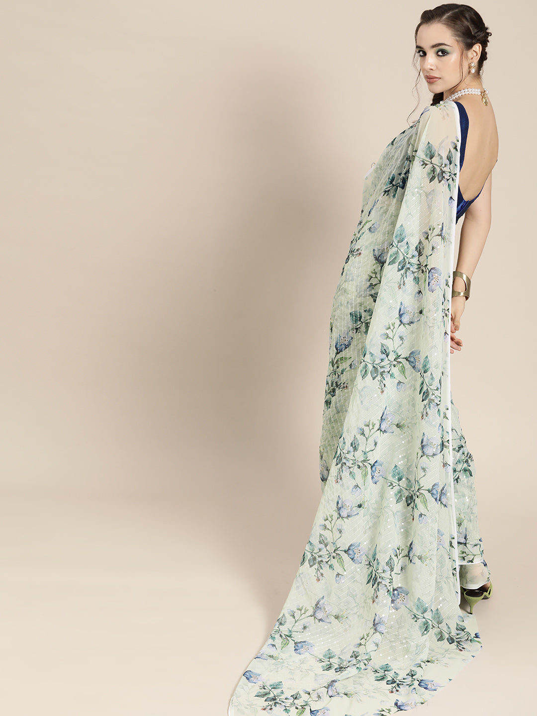 Saree Mall Blue Floral Sequinned Linen Blend Chanderi Saree - Distacart