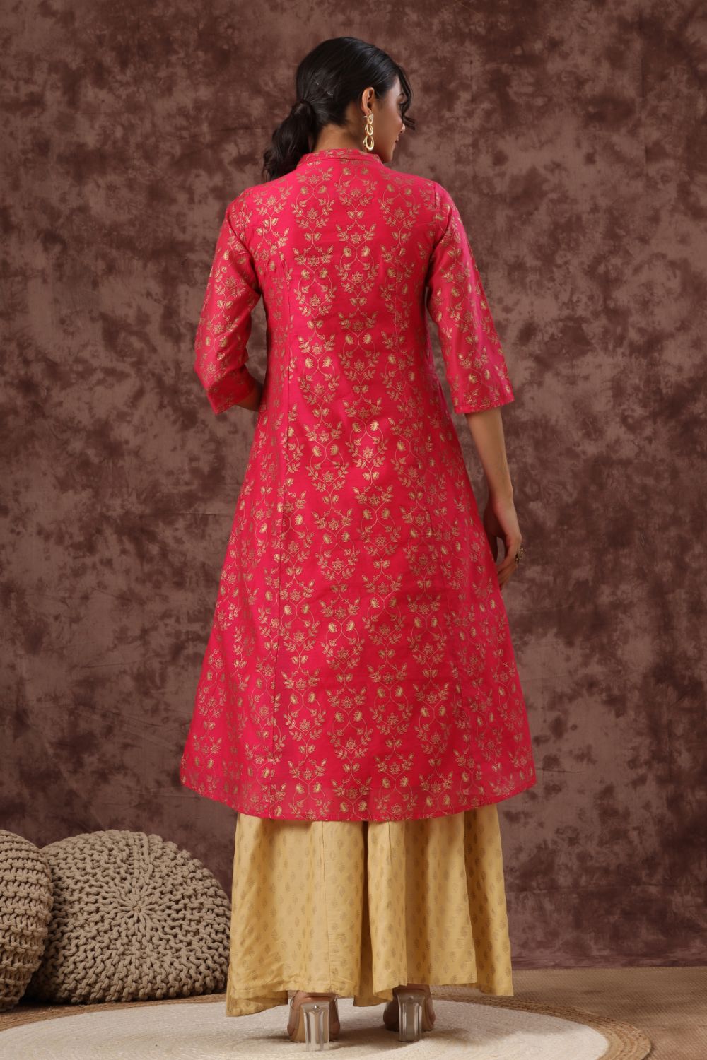 Juniper Womens Fuschia Chanderi Foil Printed Kurta - Distacart